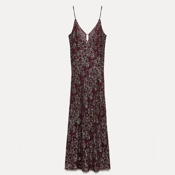 RARE NWT ZARA SEQUIN SLIP DRESS ZW COLLECTION HIGH END QUALITY burgundy/… - Picture 7 of 13
